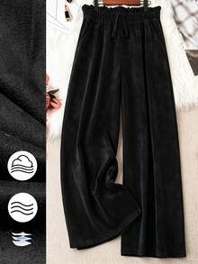 Plus Size Women's Woven Regular Fit Autumn/Winter Daily Commute Casual Multi-Color Wide Leg Pants - Black - View 4