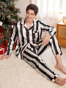 CoupledUp Black & White Vertical Striped Men's Pajama Set With Letter Print, Loose Fit Lapel Collar, Home Wear & Outerwear - Black and White - View 5