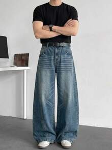 DAZY Spring/Autumn Blue Washed Distressed Curved Leg Wide Leg Men's Jeans - Blue - View 7