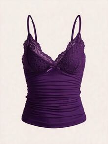 SHEIN ICON 對比色蕾絲抓皺 Y2K 細肩帶背心上衣 - 紫色 - 查看 3