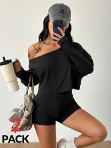 Coolane Women's Summer Going Out Run Yoga Streetwear Stretchy Comfortable Off Shouldera Sweater Black 2pcs - Black - View 3