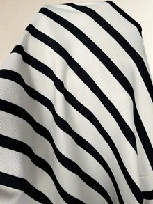 Elaquor Plus Size Minimalist Striped Colorblock Waist-Cinching T-Shirt For Daily Wear - Black and White - View 6