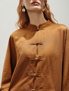 Aveloria Modichic Women's Set Loose Wide Leg Satin Textured Chinese Stand Collar Frog Button Elegant Brown Solid Elegant Women's Set National Day - Coffee Brown - View 7