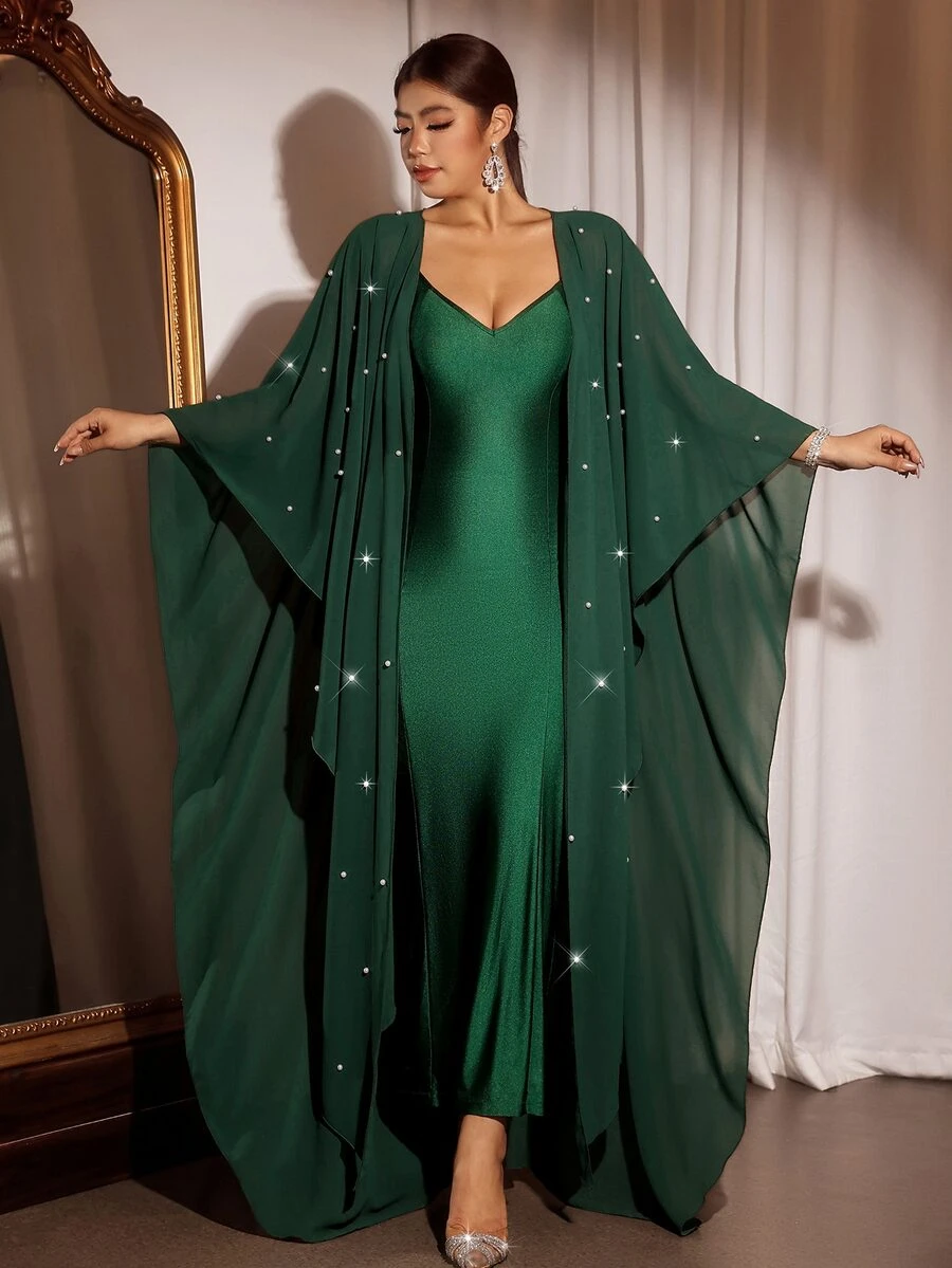 Cravure Plus Size Women's Elegant Romantic Dark Green Pearl Chiffon Flowy Cardigan & Cami Dress 2 Pieces Set, Versatile For Daily Wear And Multiple Occasions - Dark Green - View 1