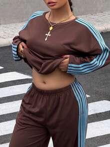 SHEIN CURVE+ Plus Size Women's Striped Crew Neck Short Sleeve T-Shirt And Pants Casual 2 Pieces Set - Brown - View 6
