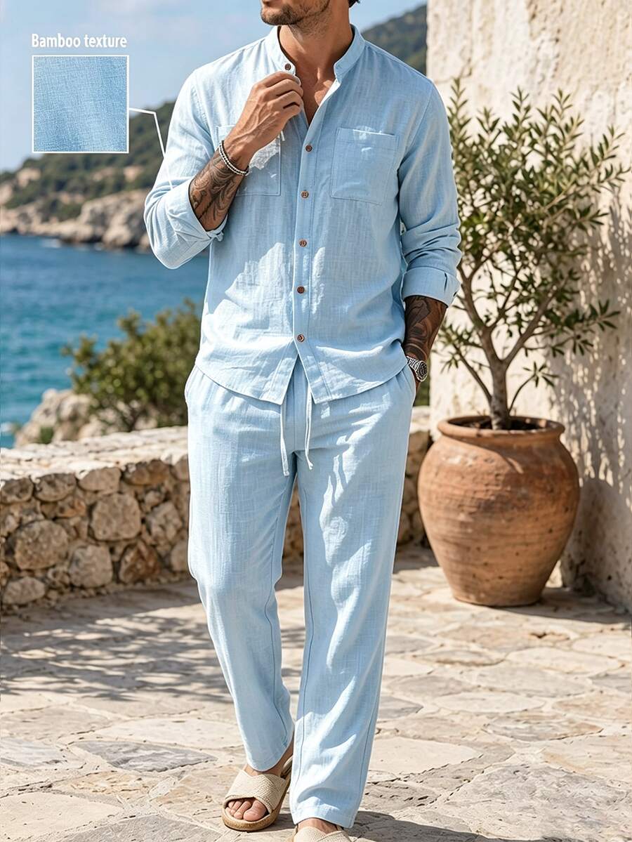 VENTUSAIL 2026春夏米色條紋亞麻男士套裝 透氣粗紋亞麻短袖襯衫 - 淺藍色 - 查看 1