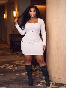 Slaydiva Sexy Street Date Party Women Slim Fit High Elastic Long Sleeve White Hidden Button Webbing Decor Plus Size Mini Dress - White - View 10