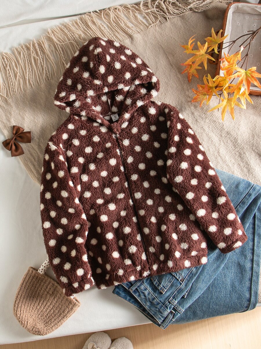 SHEIN Tween Girls Hooded Polka Dot Jackets, Fall Winter Fleece Jacket - Brown Polka Dot Plush Hooded Coat, Soft Fluffy Zip Up Oute - Multicolor - View 1