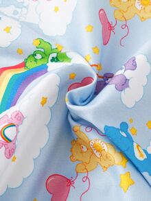 SHEIN X Care Bears GraphicGems 秋冬女童幼兒聯名印花可愛卡通彩虹愛心熊圖案藍色柔軟舒適翻領長袖褲子2件套居家服 - 藍色 - 查看 7