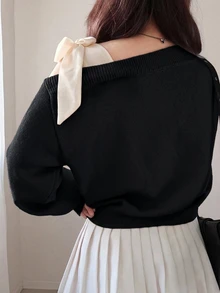 Dazy Plus Contrast Color Cold Shoulder Dropped Shoulder Long Sleeve Bowknot Loose Casual Versatile Pullover Sweater Spring Autumn New Arrival - Black - View 4
