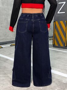 SHEIN Unity Plus Size Streetwear Button Pocket Cargo Denim Jeans - Dark Wash - View 7