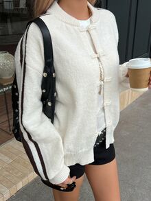 Livesso Women's White Round Neck Button Cable Knit Long Sleeve Slim Fit Ribbed Cardigan, Autumn/Winter - White - View 4