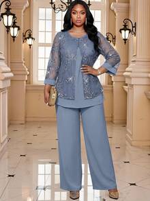 SHEIN Lady Women's Contrast Lace 2 In 1 Top And Pants Elegant Set - Blue - View 4