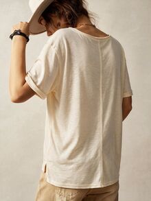 Bohemela Casual Solid Color Knit V-Neck Short Sleeve Loose Fit Women's T-Shirt - Apricot - View 3
