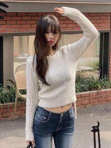 DAZY Women's Solid Color Fitted Short Long Sleeve Crew Neck Casual Daily Vacation Korean Style Autumn/Winter Knit Sweater - White - View 7