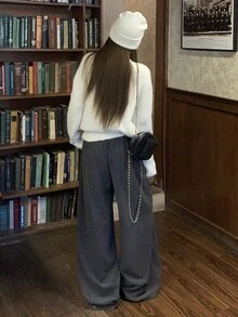 DAZY Women's Casual Solid Color Knit Korean Style Long Pants - Dark Grey - View 2
