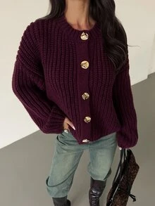 Firerie Vintage Metal Button Long Sleeve Knit Cardigan - Red - View 3