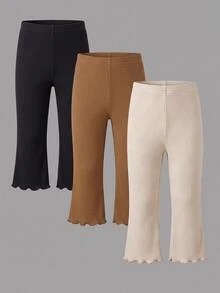 SHEIN 3pcs/Set Baby Girl Elastic Thick Ribbed Flare Leggings Long Pants Suitable For Winter - Brown - View 2