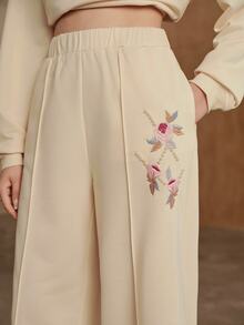 Anewsta Cream White Floral Embroidered Elastic Waist Drapey Wide Leg Soft Style Casual Slimming Versatile Straight Leg Women's Sweatpants - Beige - View 1