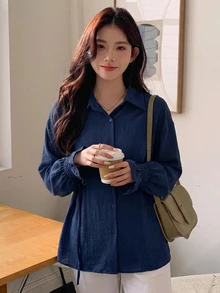 DAZY 女款純色長袖側綁帶收腰休閒通勤襯衫 - 藍色 - 查看 3