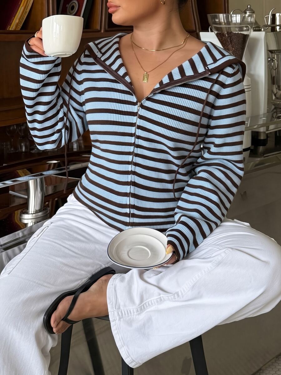 Muchica Plus Size Women's Striped Long Sleeve Zip-Up Hooded Knit Cardigan - Multicolor - View 1
