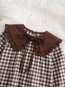 Tween Girl) Cute Autumn Long Sleeve Brown Plaid Versatile Dress - Brown - View 6