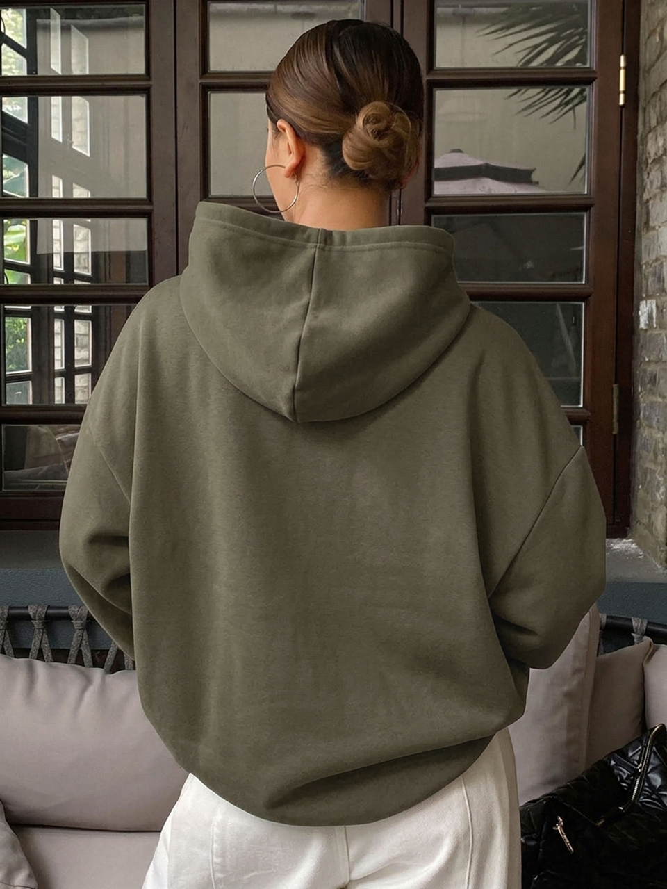 Hooded Casual Thermal Lined Solid Color Unisex Loose Fit Women's Sweatshirt