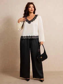 Elaquor Plus Size Women Lace Patchwork Long Sleeve Top And Pants Casual Daily 2 Pieces Set - Black and White - View 5