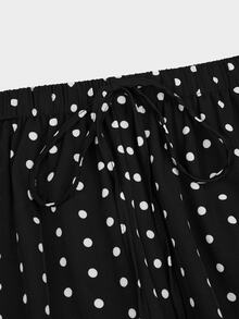 Sweetra Plus Size Women Polka Dot Pattern Asymmetrical Shoulder Top And Pants 2 Pieces Set - Black - View 14