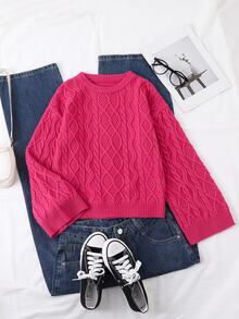 SHEIN Tween Girl Cable Knit Crew Neck Long Sleeve Casual Loose Sweater - Red - View 1