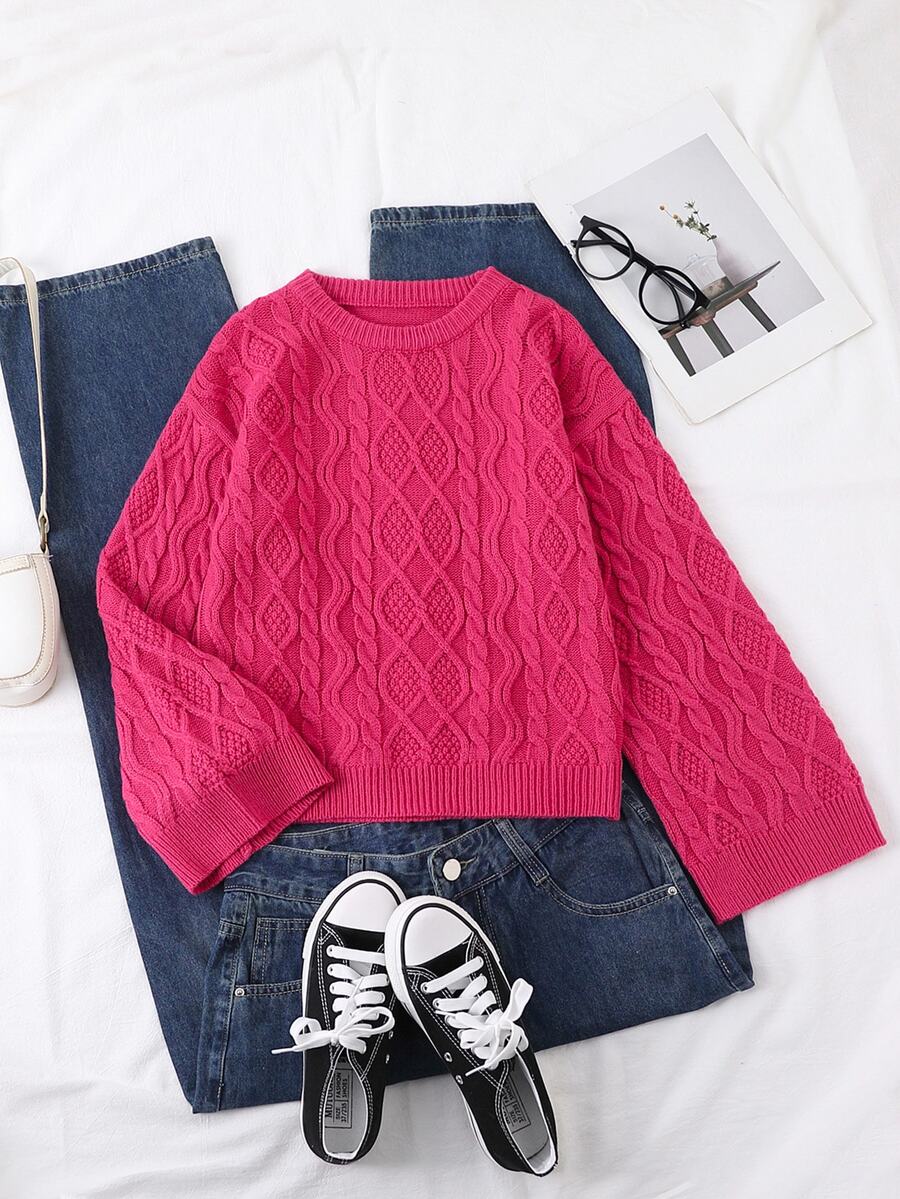 SHEIN Tween Girl Cable Knit Crew Neck Long Sleeve Casual Loose Sweater - Red - View 1