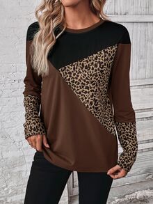 EMERY ROSE Women Casual Colorblock Leopard Print T-Shirt, Autumn - Brown - View 5