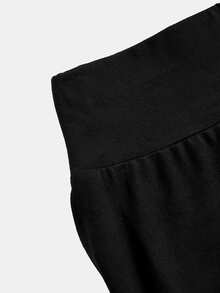 SHEIN 青少年女孩秋冬針織黑色高腰寬腰帶修身直筒寬腿褲，適合通勤，簡約舒適百搭 - 黑色 - 查看 4