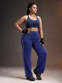 Powerista Women's Plus Size Navy Blue & White Contrast Color Drawstring Tie Waist Sports Pants - Navy Blue - View 3