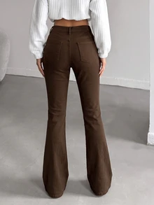 SHEIN Tall 女款純色高腰時尚修身喇叭牛仔褲 - 棕色 - 查看 6