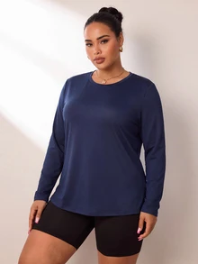Easithlete Plus Size Women Solid Color Back Cutout Crew Neck Sweatshirt - Navy Blue - View 5