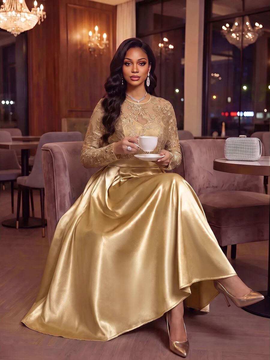 Fleurora Plus Size Women's Contrast Lace Round Neck Long Sleeve Elegant Dress - Coffee Brown - View 1