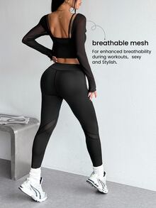 SHEIN Dewbera Women's Solid Color Hollow Out Top And Leggings Casual Daily Sports Set - Black - View 2