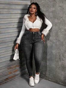 Slaydiva Plus Size Women's High Waist Skinny Ankle Denim Jeans With Rhinestone Embellishment, Ripped Faded Black - Black - View 6