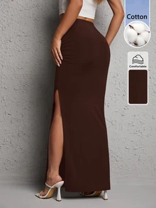 SHEIN PETITE 女款素色開衩設計休閒百搭裙 - 咖啡棕 - 查看 2