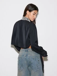 BAD SUNDAY Women's Autumn/Winter Cropped Patchwork Collar Long Sleeve Blouse, Y2K Vintage Style - Black - View 2