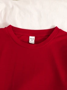 SHEIN 親子情侶/兄弟姊妹套裝 青少年女孩休閒簡約格紋修身圓領短袖長褲居家服 適合秋冬聖誕節聖誕派對 - 紅色 - 查看 6