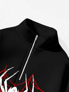 SHEIN CURVE+ Plus Size Women's Floral Pattern Wide Grey Loose Half-Zip High Neck Thin Sweatshirt Pullover, Autumn/Winter - Black - View 4