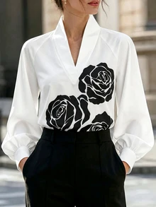 SHEIN Premium Black & White Abstract Rose Pattern V-Neck Long Sleeve Blouse For Women, Raglan Sleeves, Lantern Cuffs, Loose Fit, Casual, Elegant, Commuter, Versatile, Unique, Slimming - White - View 1