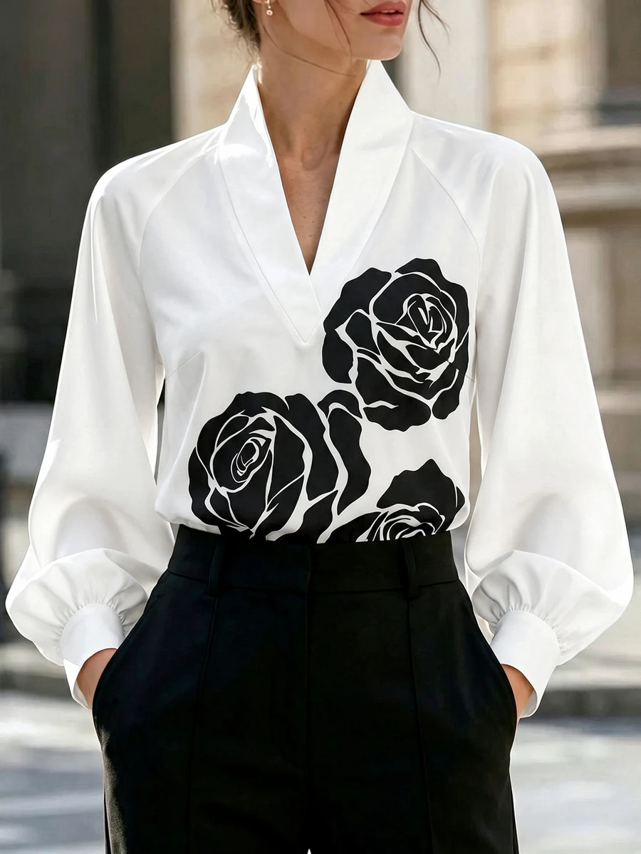 SHEIN Premium Black & White Abstract Rose Pattern V-Neck Long Sleeve Blouse For Women, Raglan Sleeves, Lantern Cuffs, Loose Fit, Casual, Elegant, Commuter, Versatile, Unique, Slimming - White - View 1