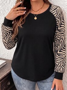 SHEIN VCAY Plus Size Women's Casual Raglan Sleeve Round Neck Loose Fit T-Shirt Suitable For Spring And Autumn - Multicolor - View 5