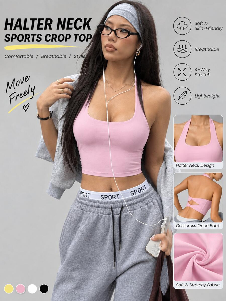 Easithlete 女款性感雙蝴蝶結掛脖瑜伽背心 開背固定式胸墊 健身訓練用 - 粉色 - 查看 1