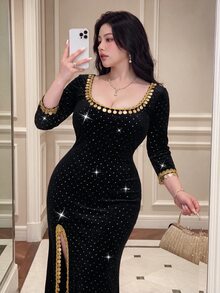 Vibekara 大尺碼圓領長袖金色亮片流蘇飾邊撞色優雅復古可愛派對雞尾酒會中東風中長版黑色天鵝絨洋裝 - 黑色 - 查看 7