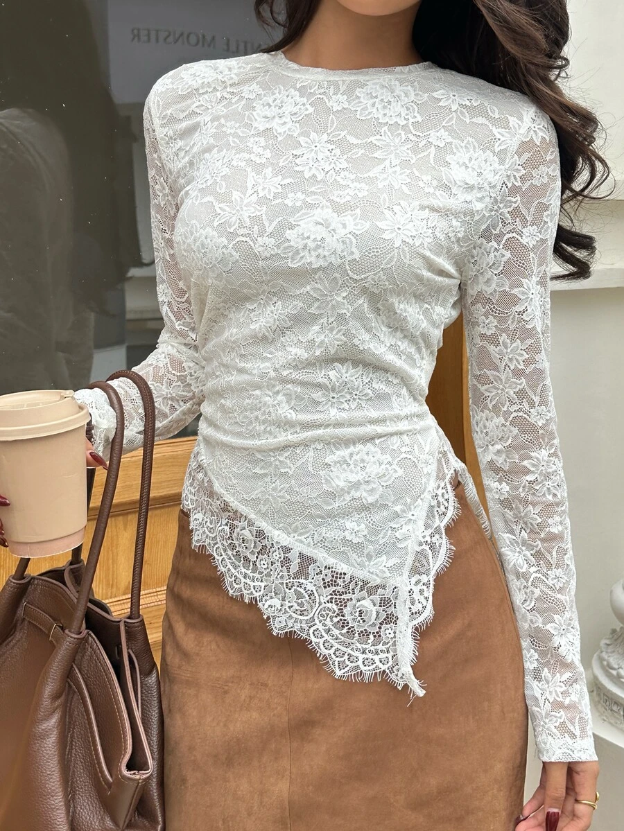 Serisse Women's Sweet Lace Asymmetrical Hem Long Sleeve T-Shirt - Apricot - View 1