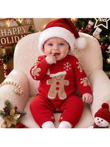 Loomiva .Kids Baby Boy Casual Christmas Gingerbread Man Christmas Snowflake Pattern 3D Design Christmas New Year Red Comfortable Autumn Winter Sweater Romper - Red - View 8